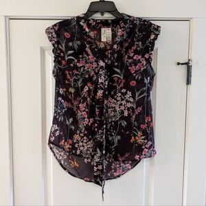 Midnight Sky Transparent Brown/PurpleFloral Short Sleeve Blouse Neck Tie, Size M